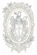 Rooker Family Crest with a shield surrounded by cedar trees with  6 Crows on a celtic cross in a circle tattoo design idea