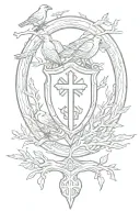 Rooker Family Crest with a shield surrounded by cedar trees with  6 Crows on a celtic cross in a circle tattoo design idea