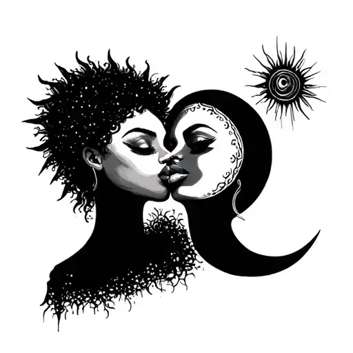 sun and moon kissing eachother lips touching two black women faces tattoo design idea