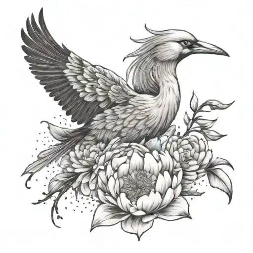 peony and japanese crane flying tattoo design idea
