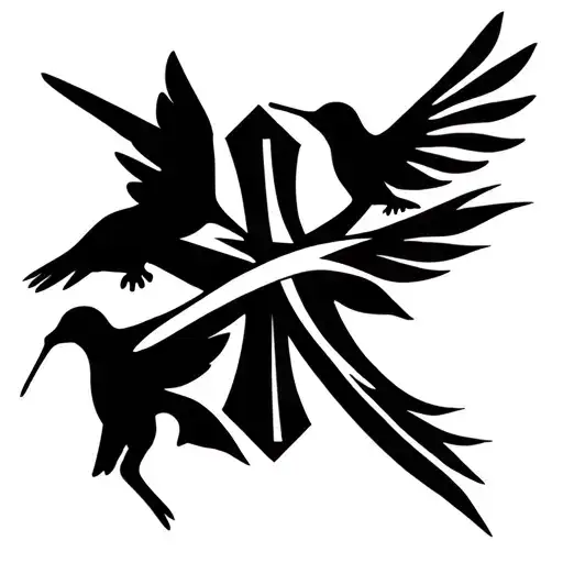 cross with two hummingbirds and a deer tattoo design idea