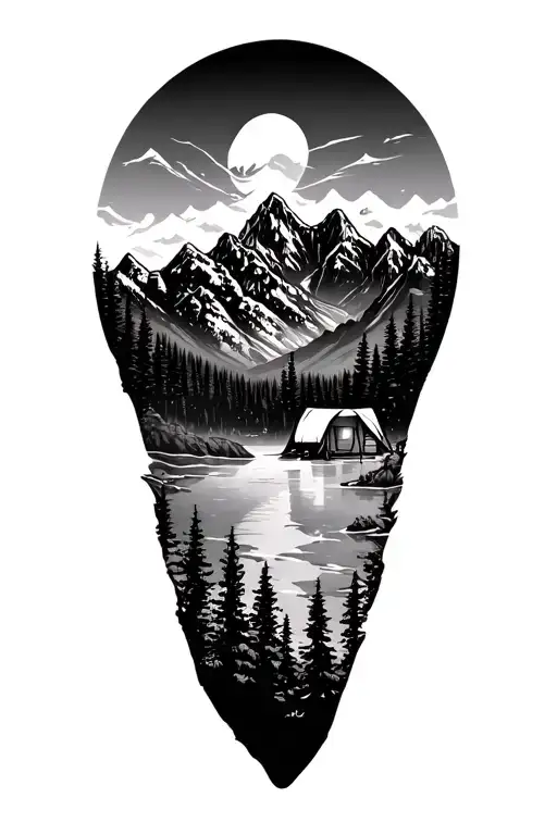 wilderness camping with mountains  tattoo design idea