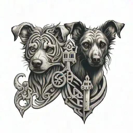 labyrinth inspired and keys and torches dogs  tattoo design idea