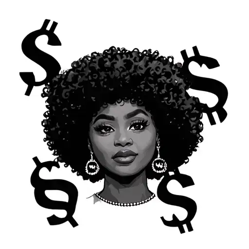 African American woman with Afro and dollar signs in here eyes tattoo design idea