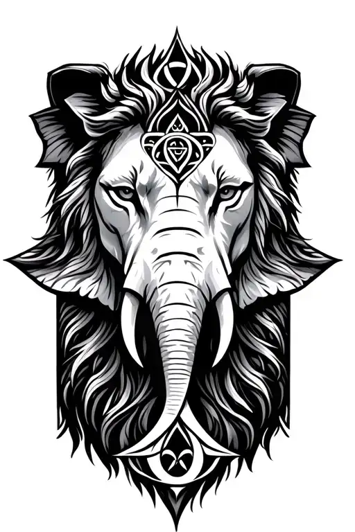 half lion half elephant head, intertwine in a Hamsa with a Triquetra tattoo design idea