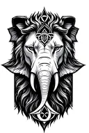 half lion half elephant head, intertwine in a Hamsa with a Triquetra tattoo design idea