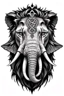 half lion half elephant head, intertwine in a Hamsa with a Triquetra tattoo design idea