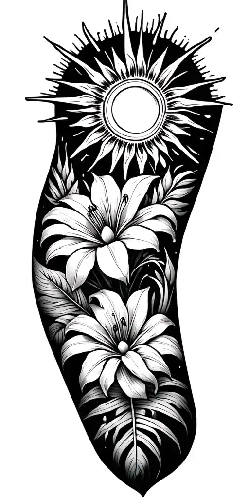 sun with rays at top of arm, dot and line work, tiger lilly, monstera, sacral chakra symbol tattoo design idea