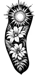 sun with rays at top of arm, dot and line work, tiger lilly, monstera, sacral chakra symbol tattoo design idea