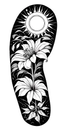 sun with rays at top of arm, dot and line work, tiger lilly, monstera, sacral chakra symbol tattoo design idea