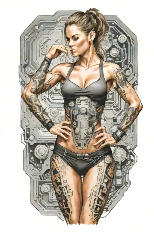 fitness bodybuilder women posing with one hand on waist, with technology circuits merging  tattoo design idea
