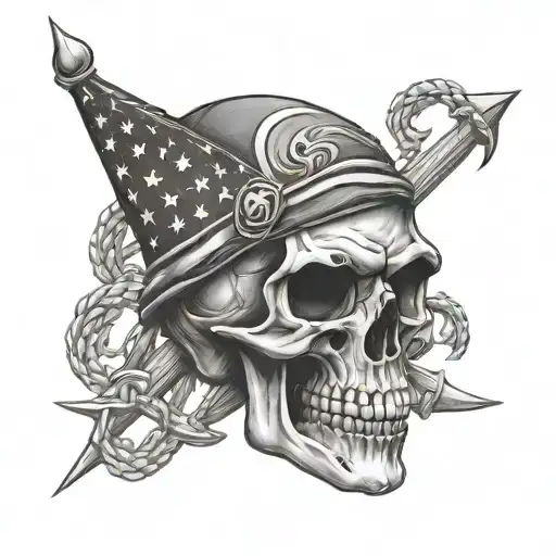 skull with marine corps flag intertwined tattoo design idea