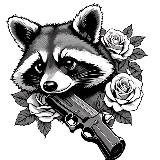 raccoon with gun intertwined roses tattoo design idea