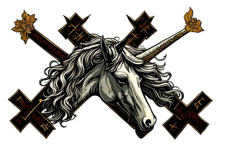 a unicorn inside Saint Andrew's cross surrounded tattoo design idea