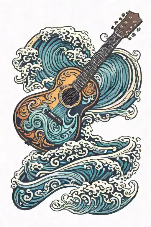 acoustic guitar ocean wave merging tattoo design idea