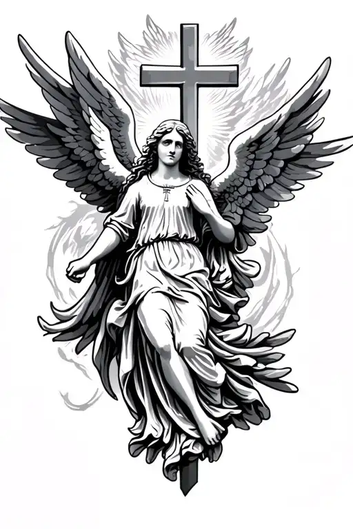 mary catholic cross angels flying tattoo design idea