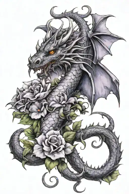gothic, renaissance dragon, violets, love tattoo design idea