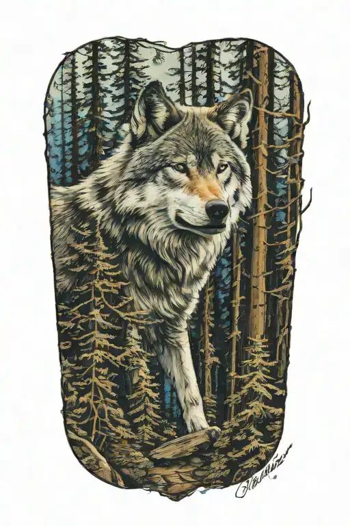 wolf blue eyes howling forest landscape tattoo design idea