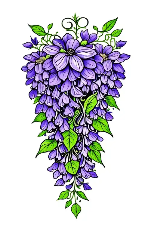 dark purple and green traditonal Paisley pattern with Wisteria flower cluster across it  tattoo design idea