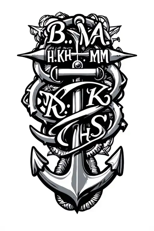 "B. M. A. H. K. K. M. K. H. S." anchor, compass intertwined tattoo design idea
