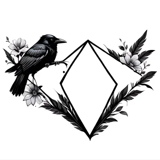 raven with wings outstretch, feathers and flowers inside of a diamond tattoo design idea