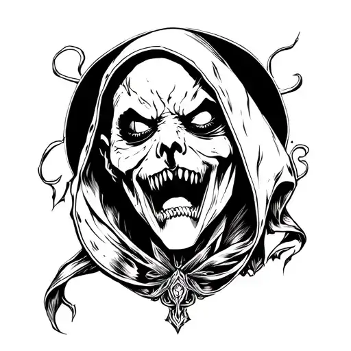 Create a tattoo of a full bodihooded sleep paralysis demon in a neo traditional gothic syle. Design should fit a forearm tattoo design idea