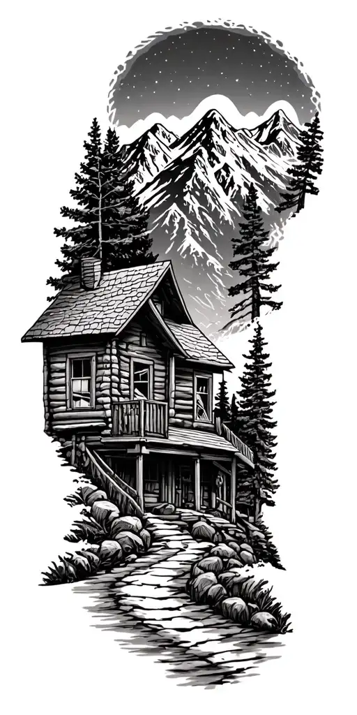 Mountain cabin and trail winding road leading its pack tattoo design idea