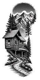 Mountain cabin and trail winding road leading its pack tattoo design idea