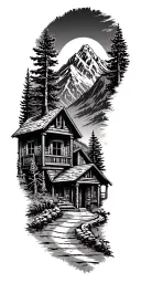 Mountain cabin and trail winding road leading its pack tattoo design idea