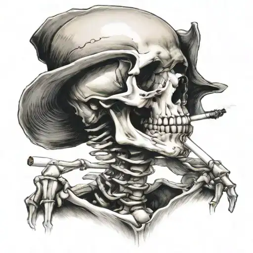 Skeleton smoking a cigarette tattoo design idea