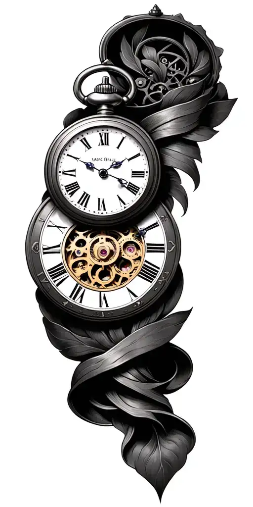 Realistic black and grey sleeve tattoo. A pocket watch with Roman numerals and visible gears, set to 14:37, engraved wit tattoo design idea