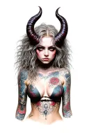 Sexy Pale Girl, Petite, Big Boobs, Wide Hips, G-String. Messy Hair, Demonic Horns, Sexual tattoo design idea