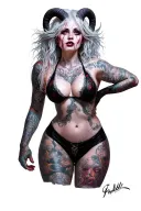 Sexy Pale Girl, Petite, Big Boobs, Wide Hips, G-String. Messy Hair, Demonic Horns, Sexual tattoo design idea