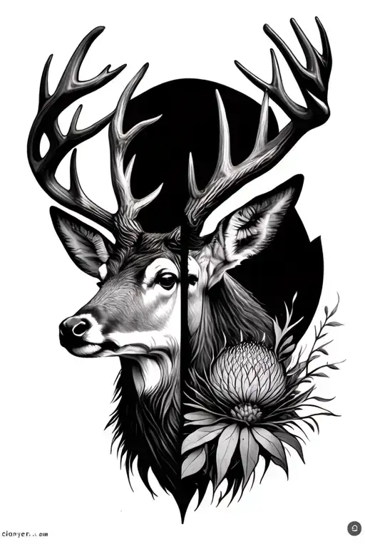 stag and thistle half and half tattoo design idea