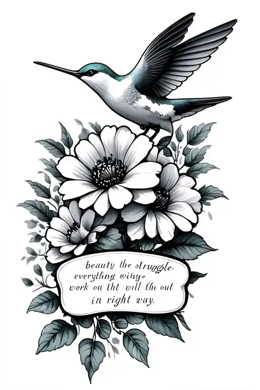 flowers, humming bird, a saying "beauty in the struggle" and a quote "everything will work out in the right way"  tattoo design idea