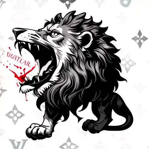I want a Louis Vuitton pattern background in black and a vicious lion in the middle with his mouth wide open and blood d tattoo design idea