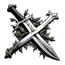 A sword a cross cross accented hilt and with breaks in the steel, wrapped with a barbed wire stem with leaves and a sing tattoo design idea