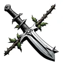 A sword a cross cross accented hilt and with breaks in the steel, wrapped with a barbed wire stem with leaves and a sing tattoo design idea