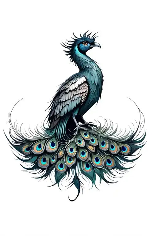 luxurious front view phoenix with two luxurious wings  and long luxurious peacock feather tail  tattoo design idea