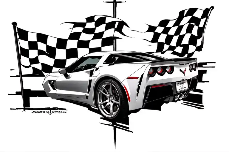 Checkered Flag Racing in cross like corvette car tattoo design idea