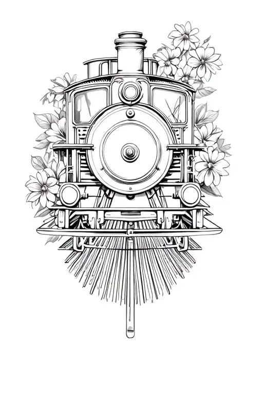 elegant steam train front view with flowers  tattoo design idea