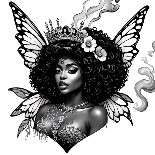 Fairy black thick curvy queen (Afro hair, fairy wings, queen crown, flowers (no roses), smoke coming out of mouth)  tattoo design idea