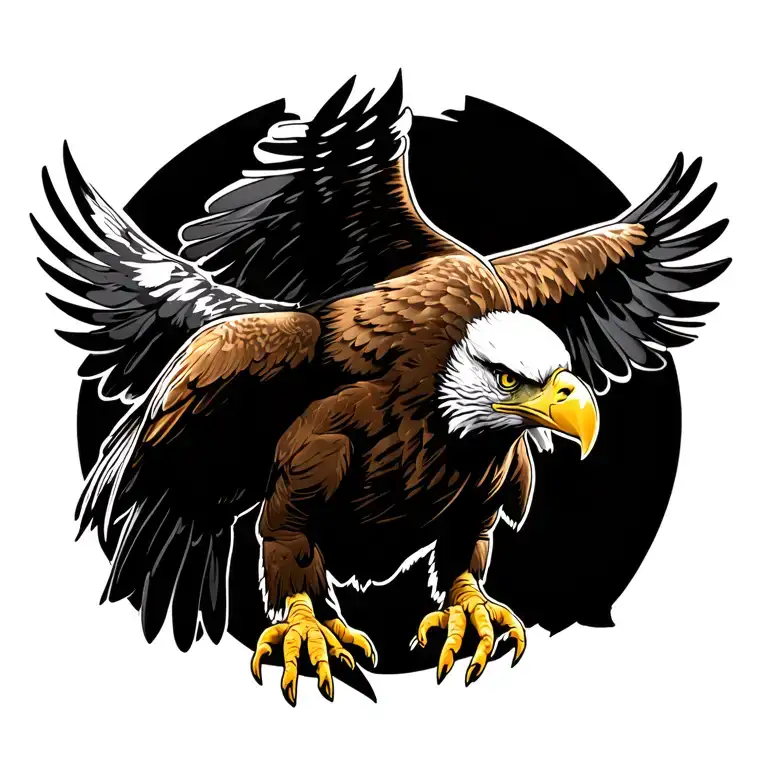 A powerful bald eagle swooping down, wings spread wide, eyes focused, symbolizing strength, freedom, and fearlessness. tattoo design idea