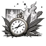 WA state centered, smoke in background, bullet holes, shell casings, pocket watch, prison bars, marijuana  tattoo design idea