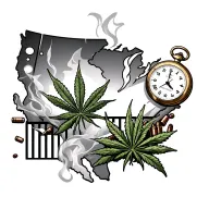 WA state centered, smoke in background, bullet holes, shell casings, pocket watch, prison bars, marijuana  tattoo design idea