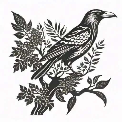 wattle tree with raven and pied currawong perching tattoo design idea