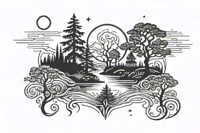 moon shining brightly over landscape with river and trees tattoo design idea