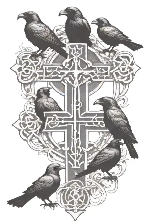 rooker family crest with 2 large crows and 4 small crows with celtic cross tattoo design idea