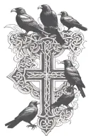 rooker family crest with 2 large crows and 4 small crows with celtic cross tattoo design idea