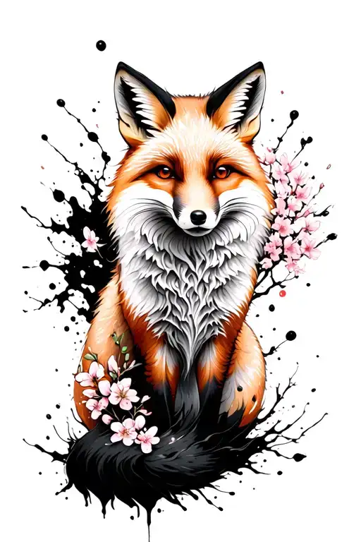 A fox in japanese style with black ink splatter cherry blossom tattoo design idea